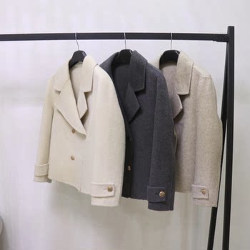 欧洲站羊毛米白色休闲高端双面呢短外套女秋冬新款英伦风毛呢大衣