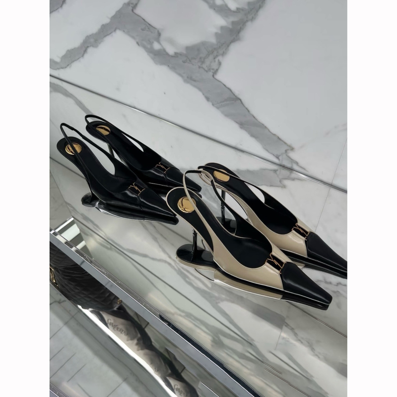High-Heeled Pointed-Toe Fashion Sandals for Women, Genuine Leather, 2025 Spring New Style, Metal Decoration, Closed-Toe, Backless Single Shoes