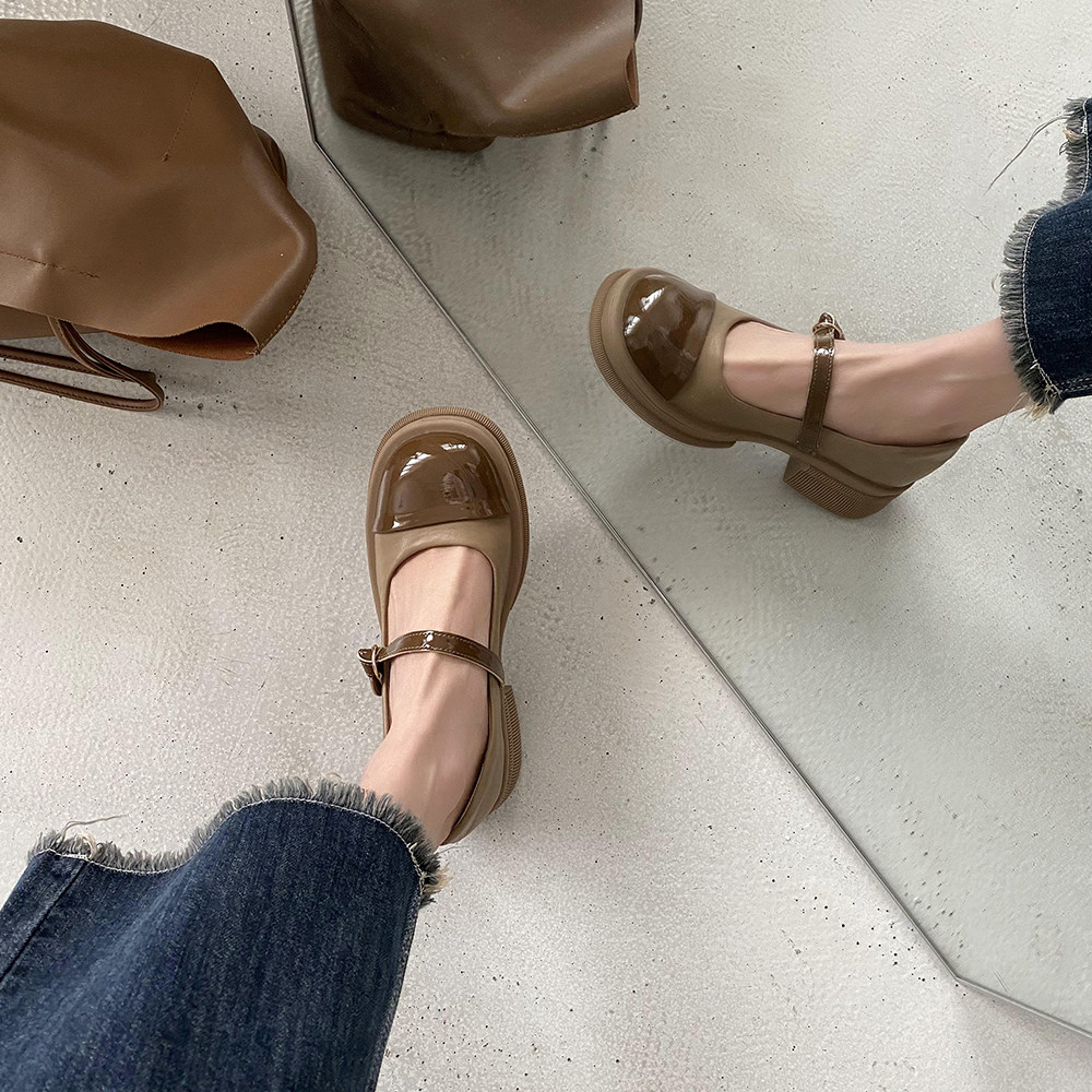 Retro Inn Wind small leather shoes women 2022 Summer new thin section Students thick bottom shoes heightening black coarse heel single shoes