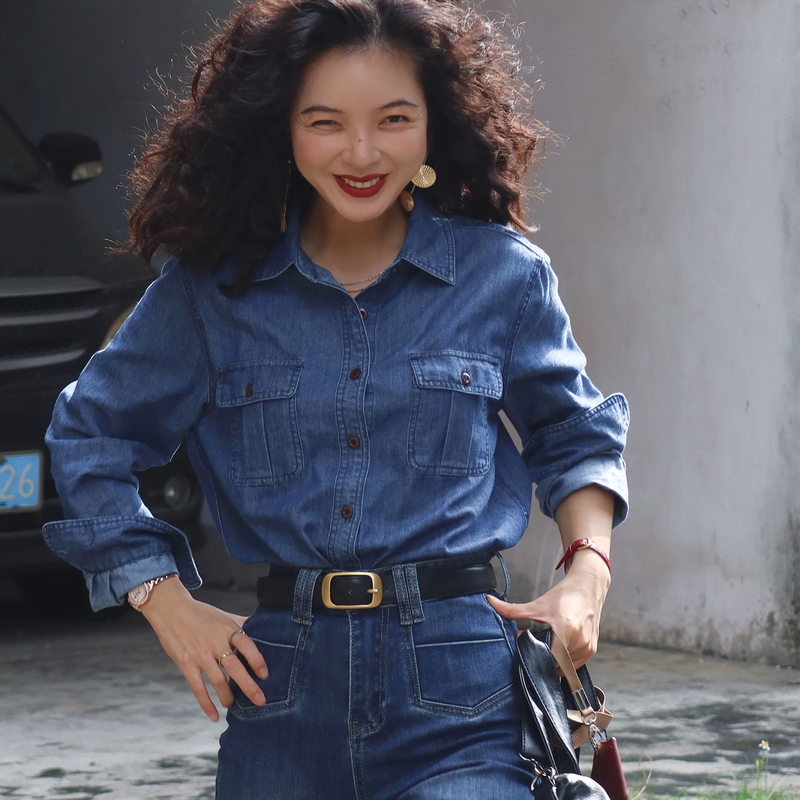 Xuyu (Fish) Cool 90S Retro Hong Kong Style Literary Commuter Pocket Classic Versatile Denim Long-Sleeve Shirt for Women Autumn