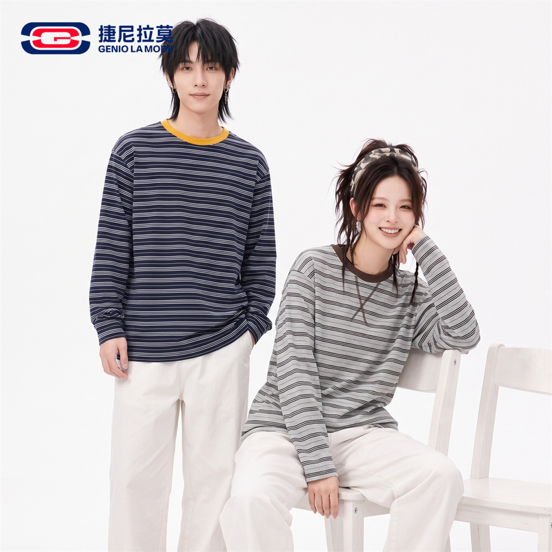 Jenilamo Heavyweight 220g Striped Long-Sleeve T-Shirt for Women, 2026 New Model, High-End Base Shirt, Men's Top