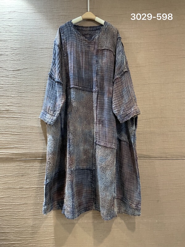 Ma Shuer New Dress Jacquard Patchwork Plant Tie-Dye Dress Vintage Distressed Artistic Style