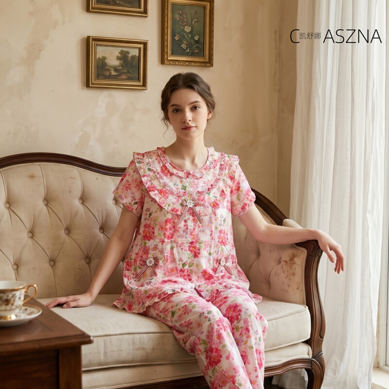 Kaisunua Pajamas Spring Style Pure Cotton Women's Thin Romantic Floral Round Neck Spring and Summer Set Home Wear Short-Sleeved Long Pants Kaisunua Pajamas Spring Style Pure Cotton Women's Thin Romantic Floral Round Neck Spring and Summer Set Home Wear Short-Sleeved Long Pants