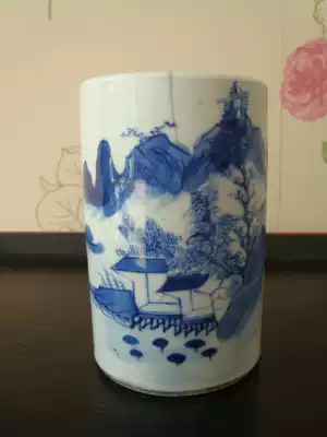 A2474 Qing Dynasty Jingdezhen blue and white landscape tree picture pen holder painting art fidelity