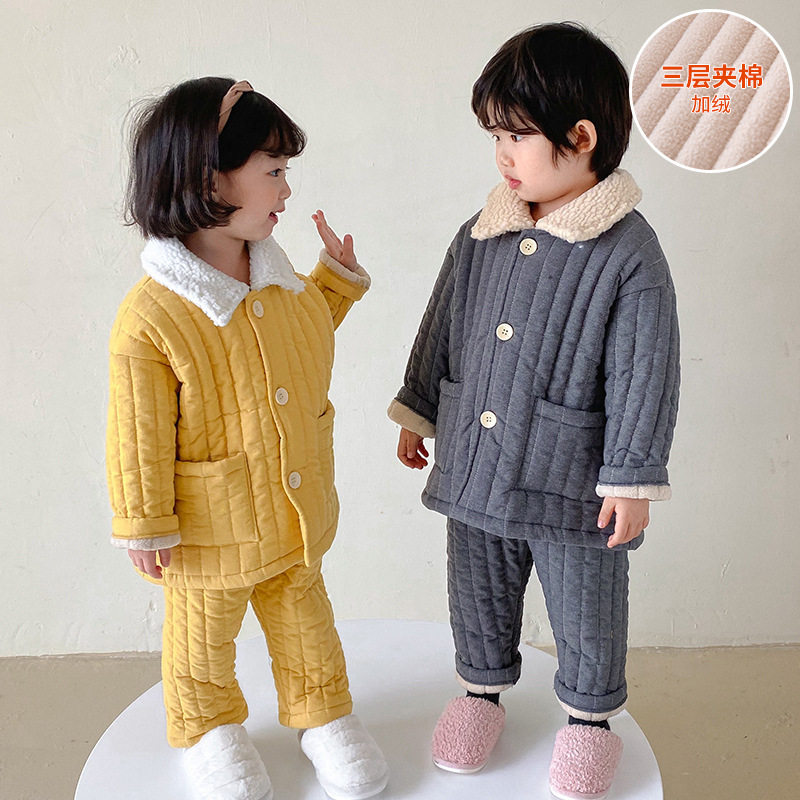 Children's three-layer cotton thickening pajamas winter Korean Edition of warm home clothes rubbed out-colored suit