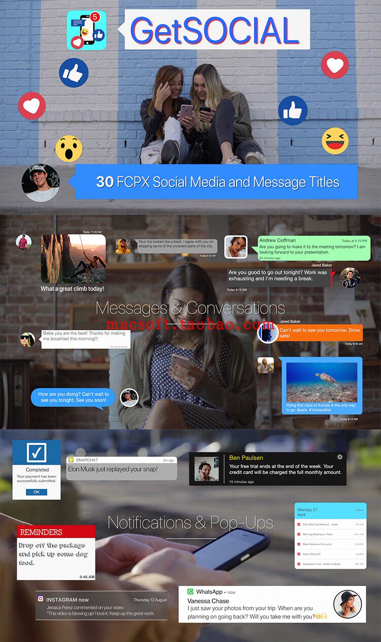 FCPX插件：30组网络社交流行对话框信息条小表情动画 + 使用教程Polaric GetSOCIA