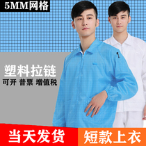 QCFH anti-static grid short clothes electronics factory dust-free workshop Foxconn grid overalls blue men