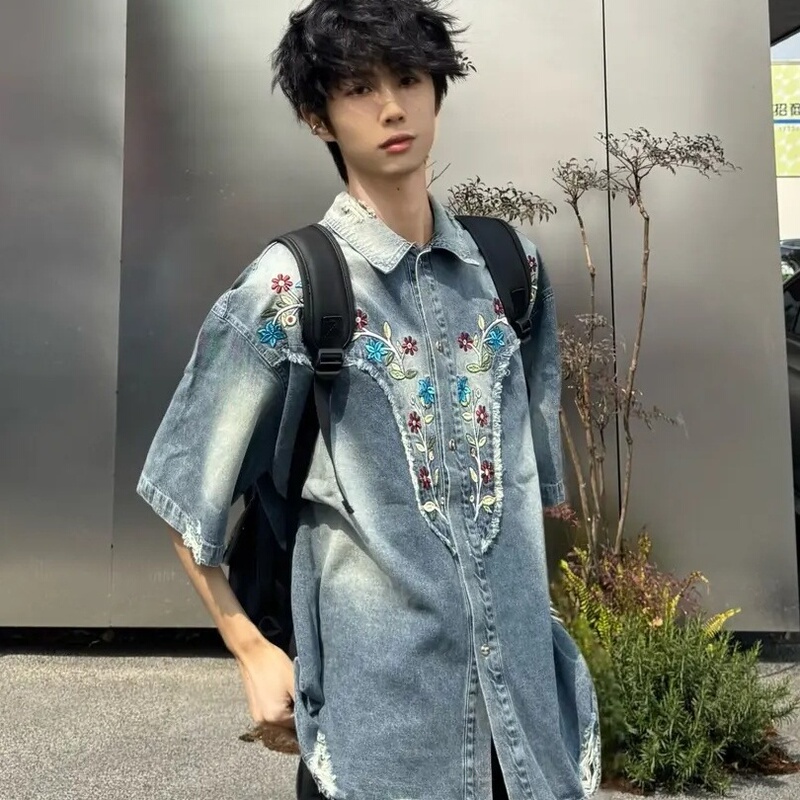 American Retro Washed Vintage Floral Embroidered Denim Short-Sleeve Shirt for Men and Women, Trendy Brand, New Summer Loose Top