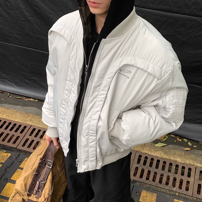 Winter American-Style Deconstructed Arc-Shaped Design Niche Pilot Cotton Jacket Motorcycle Jacket Men's Thickened Baseball Jacket Cotton Coat Winter American-Style Deconstructed Arc-Shaped Design Niche Pilot Cotton Jacket Motorcycle Jacket Men's Thickened Baseball Jacket Cotton Coat