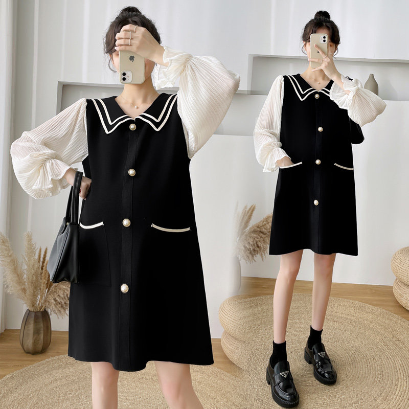 Gestational dress Spring loaded with new Korean version of the long version of the dress code foreign style Fashion Long Sleeve Fake two spliced dresses