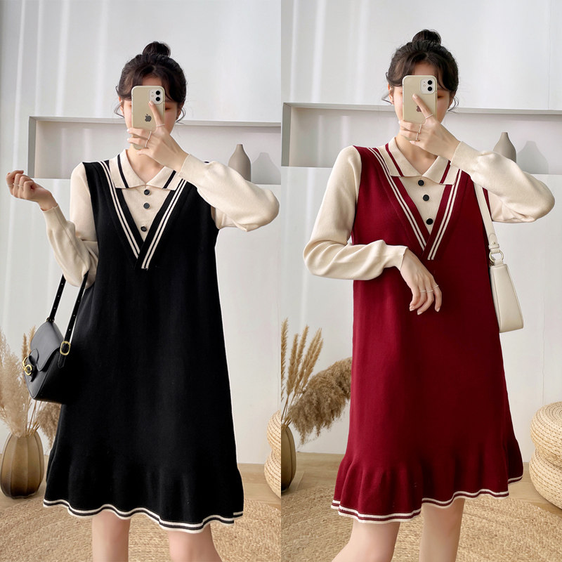 Autumn new Korean maternity clothes loose long sweater foreign style sweater fat MM fake two-piece dress tide