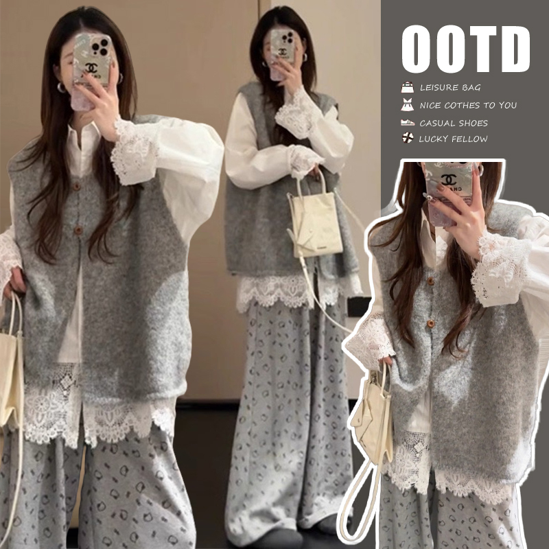 Spring New Korean Style Plus Size Maternity Wear Sweet Suit Fashionable Loose Lace Shirt Vest Top Wide-Leg Pants Spring New Korean Style Plus Size Maternity Wear Sweet Suit Fashionable Loose Lace Shirt Vest Top Wide-Leg Pants