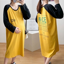 2020 Autumn loaded with new Korean version of Pregnancy Maternity Dress Loose with Pure Cotton Dress Skirt Foreign Air Over Knee Long Sleeve T-shirt Tide