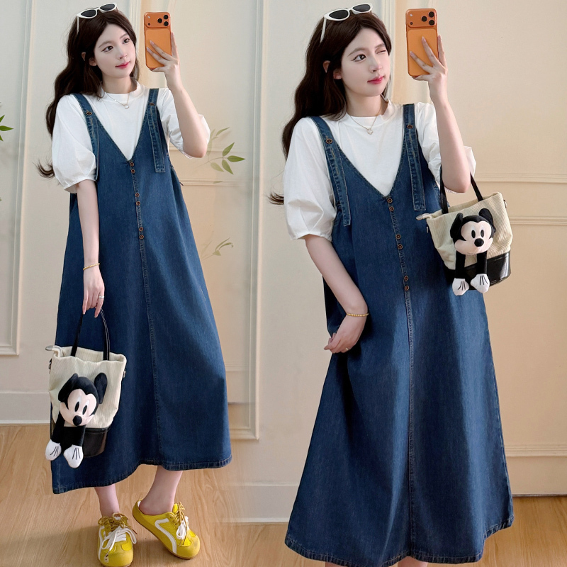 Summer New Style Korean Maternity Wear Sweet Two-Piece Dress Summer Clothes T-Shirt Top + Denim Suspender Skirt