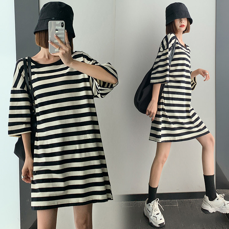 Pregnancy Woman Dress Spring Clothing in Korean version Long version of striped T-shirt Summer large size Loose Display Slim short sleeves Undershirt Ocean Dress