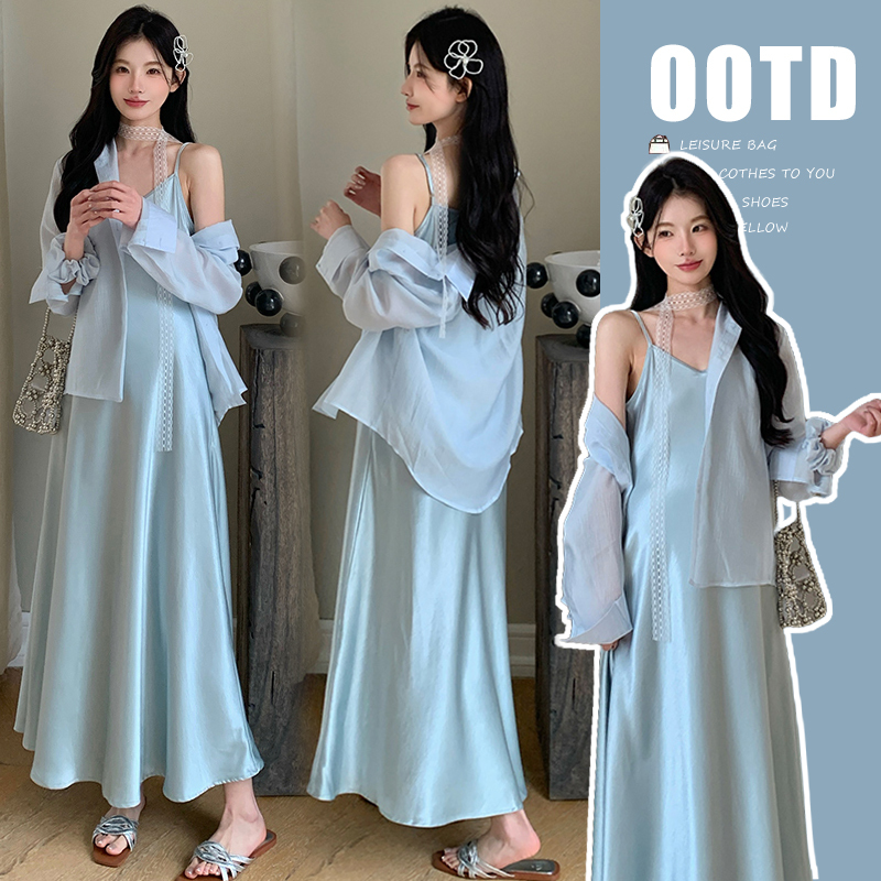 Summer New Maternity Wear, Loose and Slimming Two-Piece Dress, High-End Satin Suspender Skirt + Shirt Set