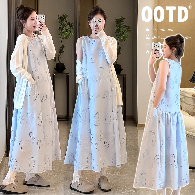 2026 New Summer Clothing, Large Size Loose Slimming Dress for Pregnant Women, Summer Clothes, Embroidered Vest Dress, Sleeveless Long Dress