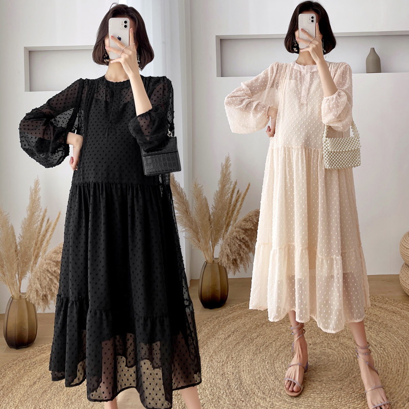 Pregnancy Woman Dress Spring Dress New Korean Version of the long version of the web yarn Dress Fashion style Large Size Loose Skirt Two-piece Style Suit