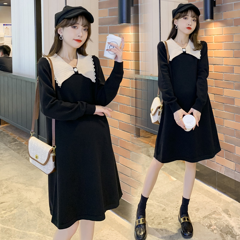 Autumn Winter Dress New Korean Version Large Size Gestation Maternity Dress Loot in Long version of the Ocean Dress Doll Collar Fluffy Dress