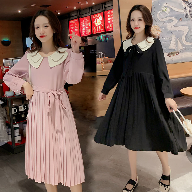 Pregnancy Woman Dress Spring Dress New Korean Version of the Long Edition Sweet Beauty Doll Collar Foreign Dress Big Size Easy to Lean Snow-spinning Dresses