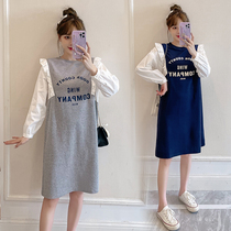 Spring Dress Pregnancy Maternity Dress Loot in Long Fake Two Dress Foreign Air Long Sleeves Splicing T-shirt Dress Fat MM Blouse Woman