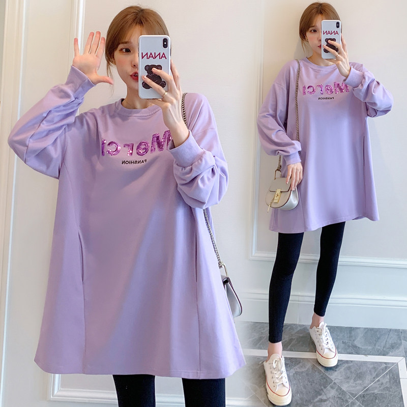 2022 Spring and autumn loaded with large size gestation maternity dress with a long version of the Western-clad long sleeve letter T-shirt net red suit