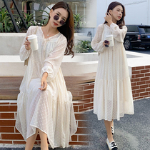 Pregnancy Woman Dress Spring Dress New Korean Version of the Long Snowspun Hymn Dress Code Loose and Slim Fairy Ocean Gas Long Skirt