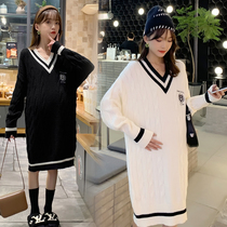 Autumn Winter New Pregnancy Maternity Dress Loot In the Long Fur Coat Foreign Air Over Kneecap Knitwear Dress Boomer Suit Fat MM