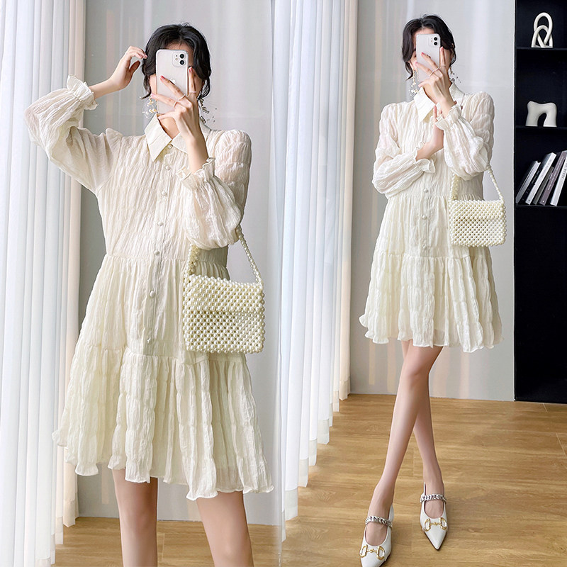 Online Red Pregnancy Woman Dress Spring Dress New Korean Version Long Sleeve Polo Collar Foreign Dress Fashion style Spicy Moms button Dresses