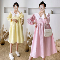2022 Spring Dress New Gestational Woman Dress Loose Pure Cotton Dress Doll Collar Puffy Skirt Candy Color Over Knee-long Skirt