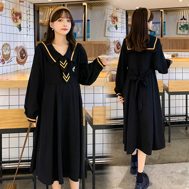Pregnancy Woman Dress Spring Dress New Korean Version Of The Long Version Of The Ocean Dress Spring College Windy Navy Collar Long Sleeve Skirt Tide