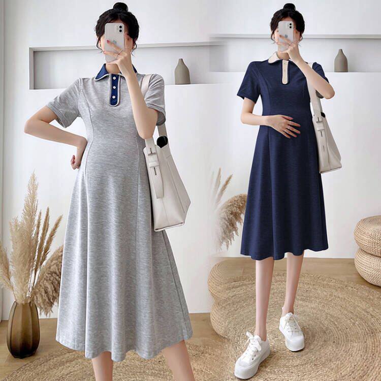 Pregnancy Woman Dress Spring Dress New Korean Version Flip Collar Foreign Dress Grand Scale Code Loose Slim Pure Cotton Boomer Summer Polo Collar Skirt