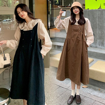 Spring loaded Korean version of large code gestation woman with two sets of braces skirt foreign air one-piece dress net red cover with reduced age suspension band dress