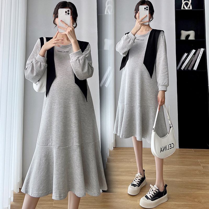 Pregnancy Woman Dress Spring Dress New Korean Version Long Version Long Sleeve Pure Cotton Polo Dress Foreign Pie Large Size Loose and Lean Clothing Dress