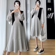 Pregnancy Woman Dress Spring Dress New Korean Version With Long Sleeves Pure Cotton One-piece Dress Foreign Air Big Code Loose and Lean Vee Dress