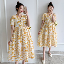 Summer dress new gestational woman in Korean version with long style Chopped Flowers dress Fashion style v Collar Foreign Air Short Sleeve Sweet Dress