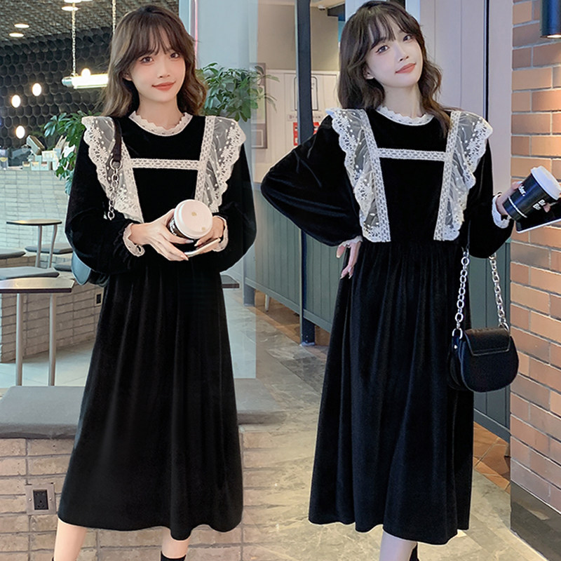 2022 spring large size gestation maternity dress loose with long version of the foreign velvety velvety velvety dresses hot moms long sleeve dresses