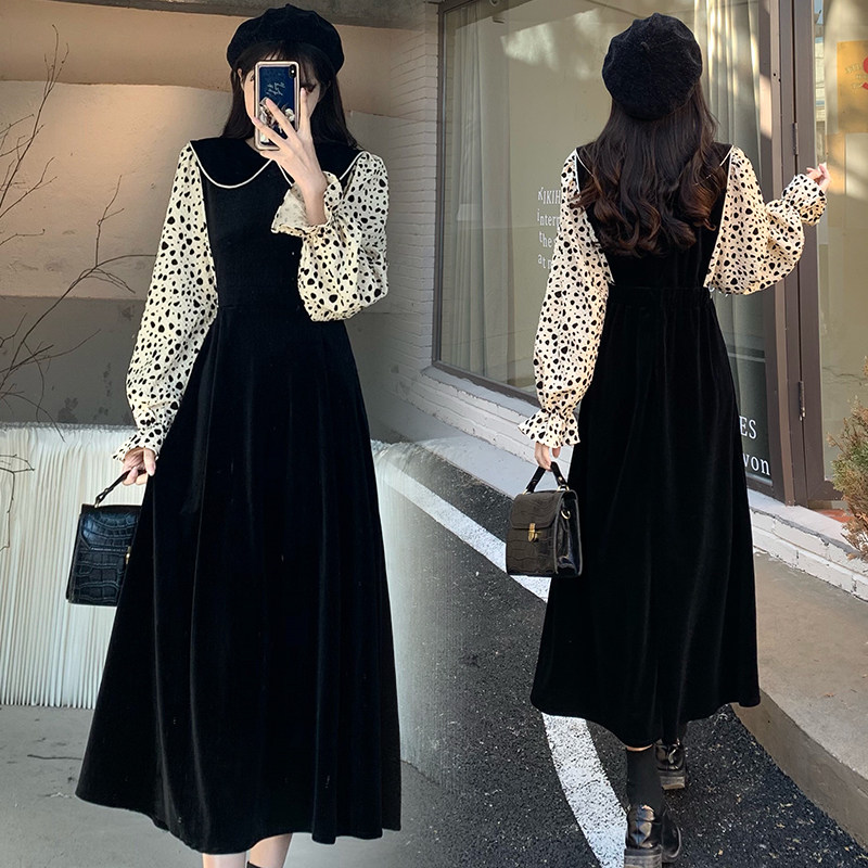 2022 Spring and autumn loaded with new large size gestation maternity dress Loose Long Version of the Dress Fake two long dresses Broken Flowers Velvet Dress