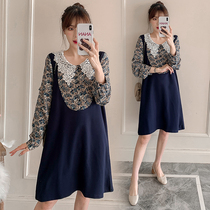 Gfei steps up the code gestation maternity dress Spring fitting new Korean version dress fashion foreign air long sleeves Cracked Flowers bottom Skirt Tide