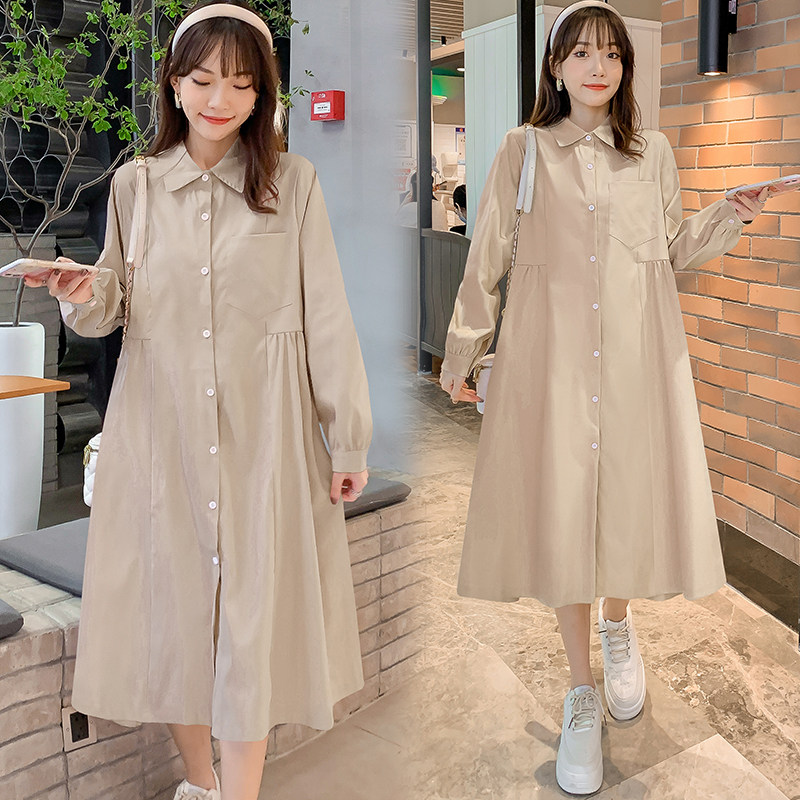 Pregnancy Woman Dress Spring Dress New Korean Version Long Version Long Sleeve Foreign Dress Grand Scale Code Loose and Slim Collar Doll Skirt Tide