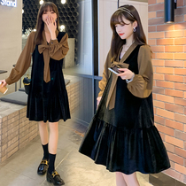 2022 Pregnancy Womens Dress Spring Dress New Korean Version of the Long Dress Code Loose of Dress Code Loose and Thin Fake two Bottoms Skirts