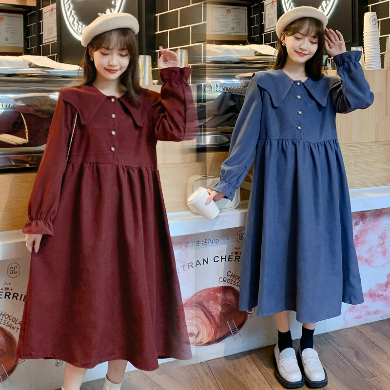 Autumn new large size maternity dress loose medium and long version dress foreign pie doll collar corduroy bottomed skirt fat MM