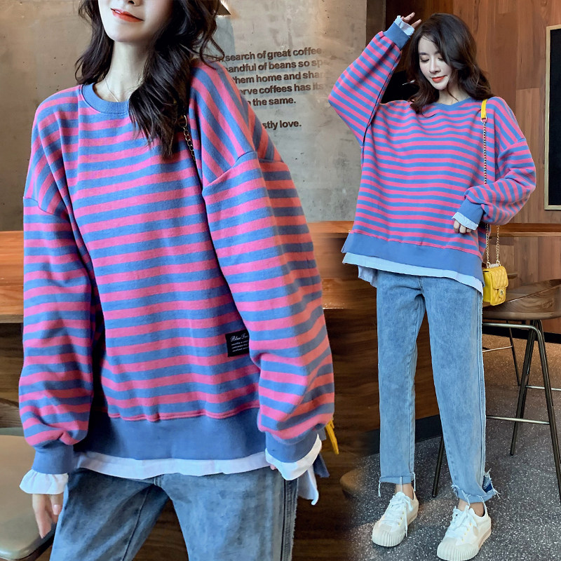 Autumn new large size pregnant women loose slim medium and long version of sweater fake two stripe top 200 Jin coat