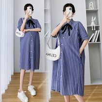 Pregnancy Woman Dress Spring Summer Dress New Korean Edition Long style Short sleeves Dress Striped Fashion Foreign Air Tide Moms Shirt Skirt