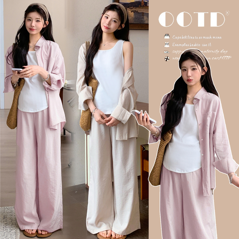 Spring and Summer New Korean Style Maternity Wear Casual Shirt Plus Size Shirt Set + Vest Top Three-Piece Set Pants