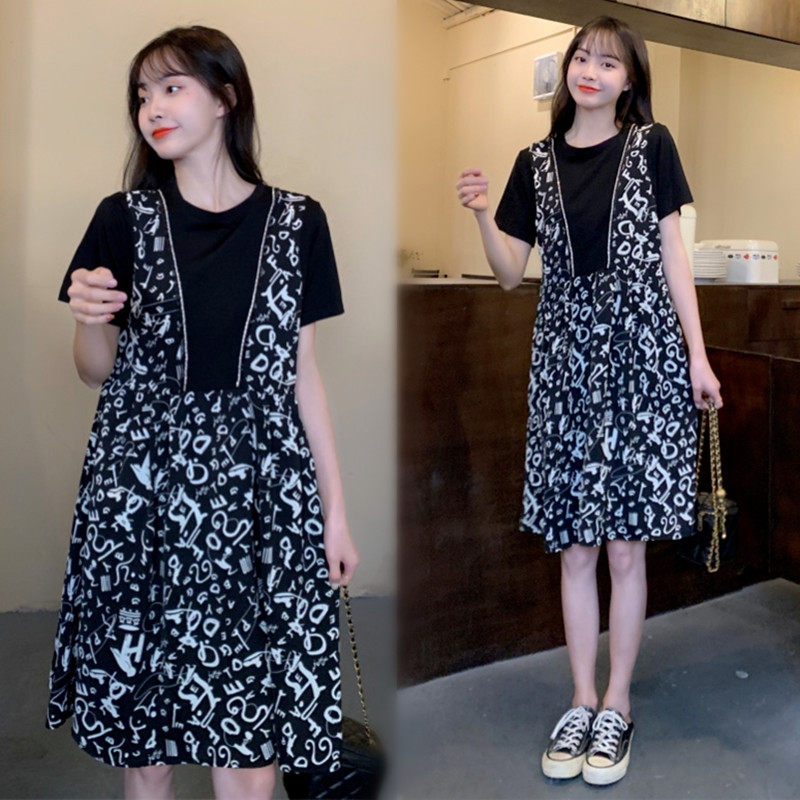 2022 Summer Dress New Korean Version Gestational Woman Dress Fake Two THIN OCEAN DRESS SPLICING T-SHIRT FOREIGN PIE SHORT SKIRT 200 CATTY