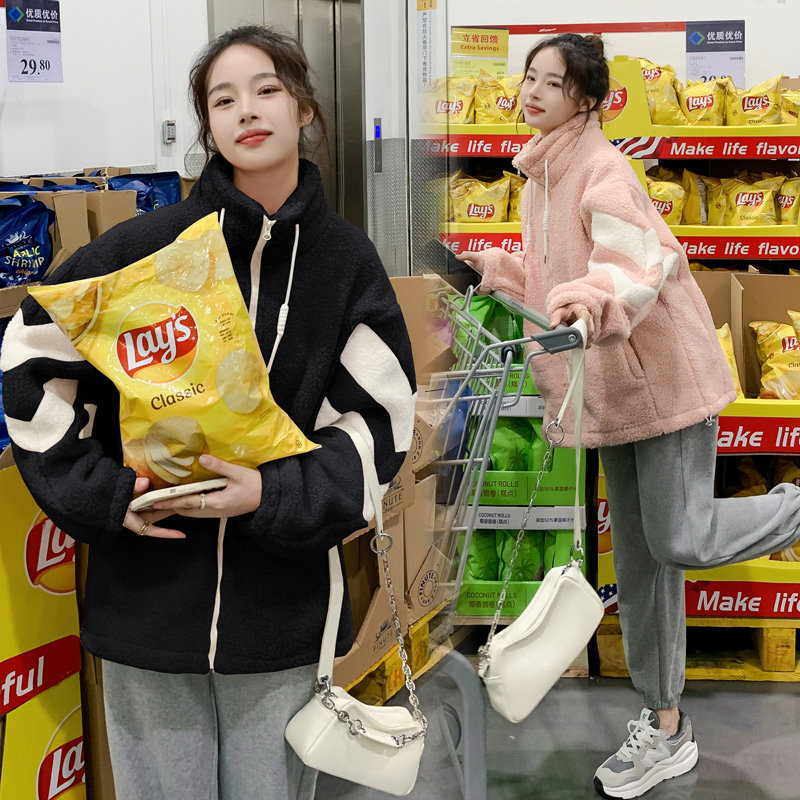 Autumn new Korean version large size maternity dress thickened cardigan jacket net red style wool lamb top casual sweater women