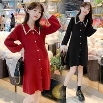 Autumn Winter Dress New Korean Version Gestational Woman Dress Loose Doll Collar Dress Foreign Air Needle Weaselwear Fashion style Warm Sweater