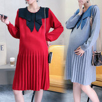 2021 Autumn Winter New Big Code Gestational Woman Clothing Fake Two Knit Dress Dress Foreign Air Slapped Undershirt Sweatshirt Fat MM
