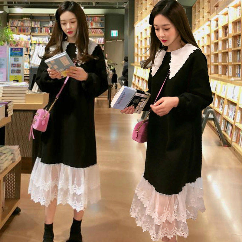 Autumn Clothing New Korean Version of Pregnancy Woman Dress With Loose Color Dress Fat MM Splicing Lace Dress Dress Foreign Pie Long Skirt